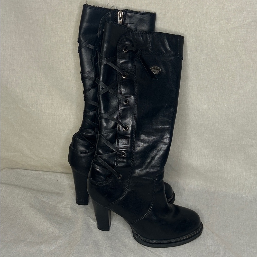 Harley-Davidson D88302 Leather Lace-Up Heeled Boots Black Women’s 6